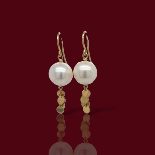 Gouden oorhangers met witte parel en gouden schijfjes ketting #22282