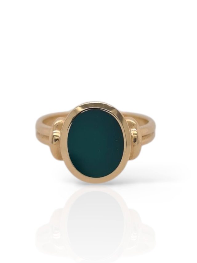 Gouden dames zegelring met groene agaat #28824