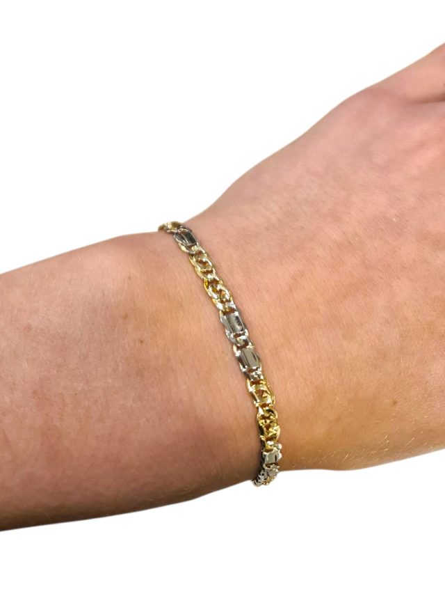 18 krt. Bicolor gourmette armband met witgouden schakels  Occasion #28835 - Afbeelding 2