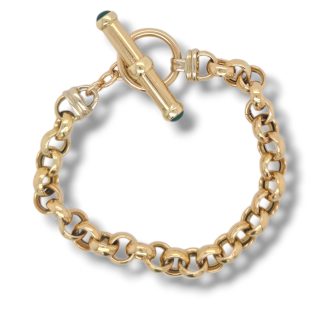 Geelgouden jasseron armband met houtje-touwtje sluiting en groene agaat - occasion #28922