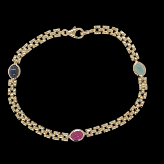 14 karaat gouden armband met saffier, smaragd en robijn, vintage occasion.# 28966