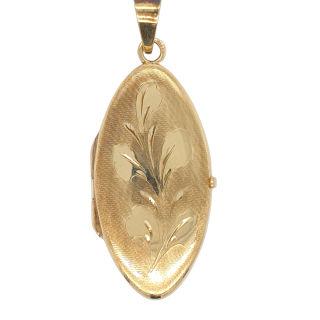 Lang ovaal 14 karaat gouden vintage medaillon. Met handgravure #28962