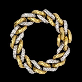 18 karaat massieve geelgouden gourmetarmband met diamant bezette schakels - Occasion # 28991