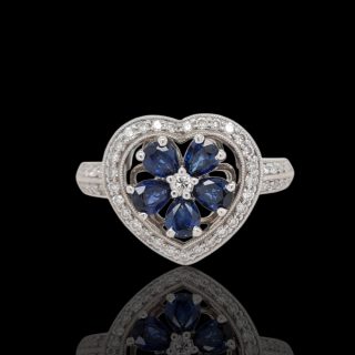 Hartvormige 18k witgouden ring met diamant en saffier - Vintage occasion #29015