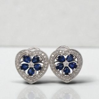 18 karaat witgouden oorknoppen met saffier en diamant - Vintage occasion #29014