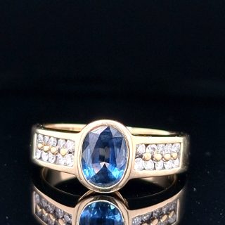 14 karaat geelgouden ring met diamant en Saffier- Vintage occasion #29002