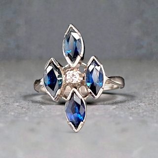 14k witgouden ring met diamant en vier saffieren - Vintage occasion #29072