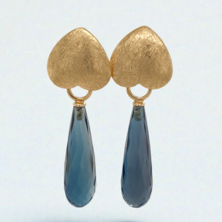14 karaat geelgouden geborstelde oorknoppen met hangers van blauwe topaas - handgemaakt in eigen atelier #24739 #27767