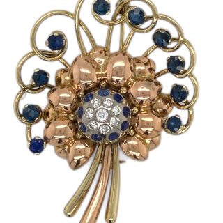 Bicolor broche van 14 karaat goud, bezet met diamant en saffier. Vintage Occasion# 29087