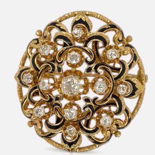 Antieke broche van 18 karaat goud, bezet met diamant en verfijnd emaille. Vintage Occasion# 29110