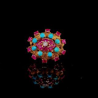 Theatrale 18k geelgouden ring met robijn, diamant en turquois - occasion #29053