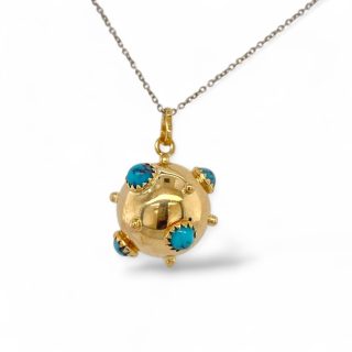 Kunstzinnige bolhanger van 14k geelgoud met licht blauwe stenen - vintage occasion hanger. #29242
