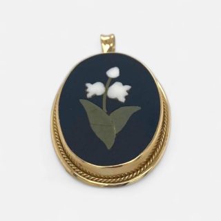 Gouden broche met onyx en ingelegd bloemmotief - 14 karaat -  Vintage Occasion # 29263