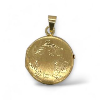14 karaat geelgouden vintage medaillon met bloemgravure en gesatineerde afwerking