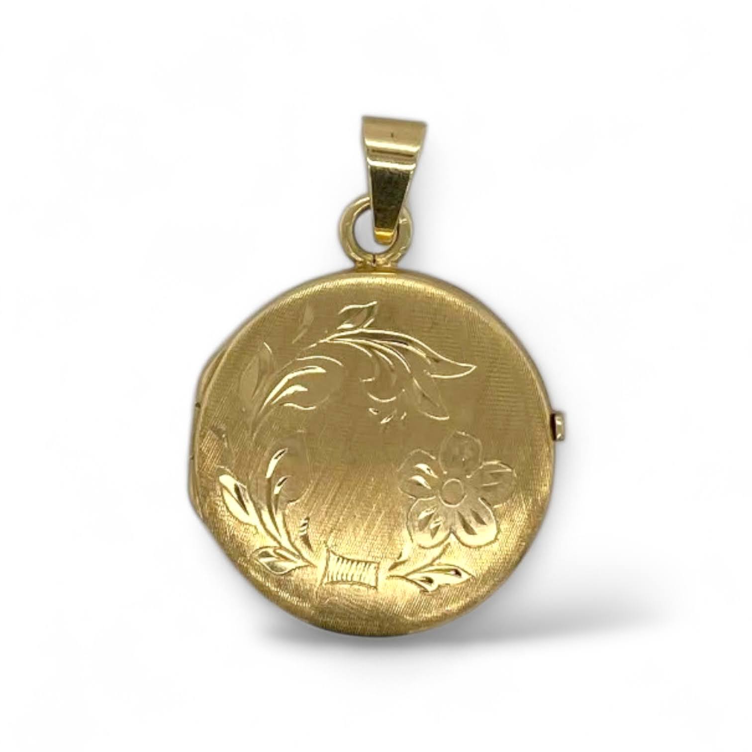 14 karaat geelgouden vintage medaillon met bloemgravure en gesatineerde afwerking