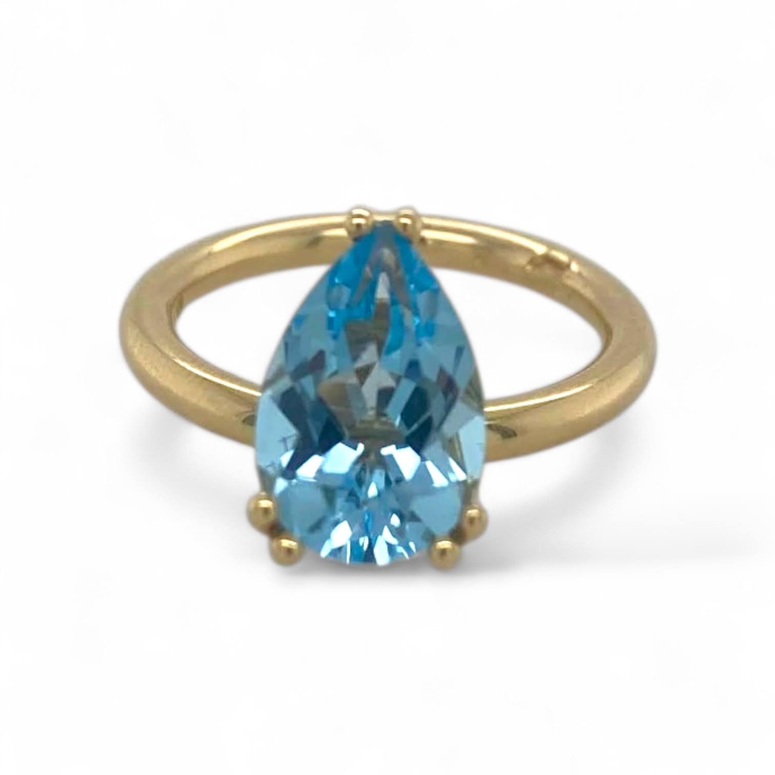Geelgouden tuimel penta ring met druppel sky blue topaas -14k - eigen atelier #25694
