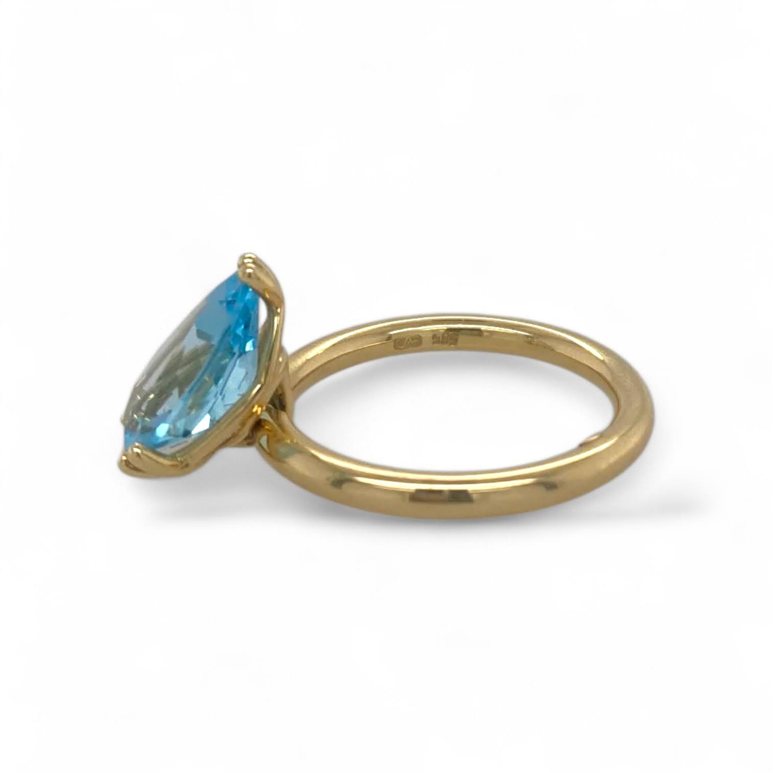 Geelgouden tuimel penta ring met druppel sky blue topaas -14k - eigen atelier #25694 - Afbeelding 2