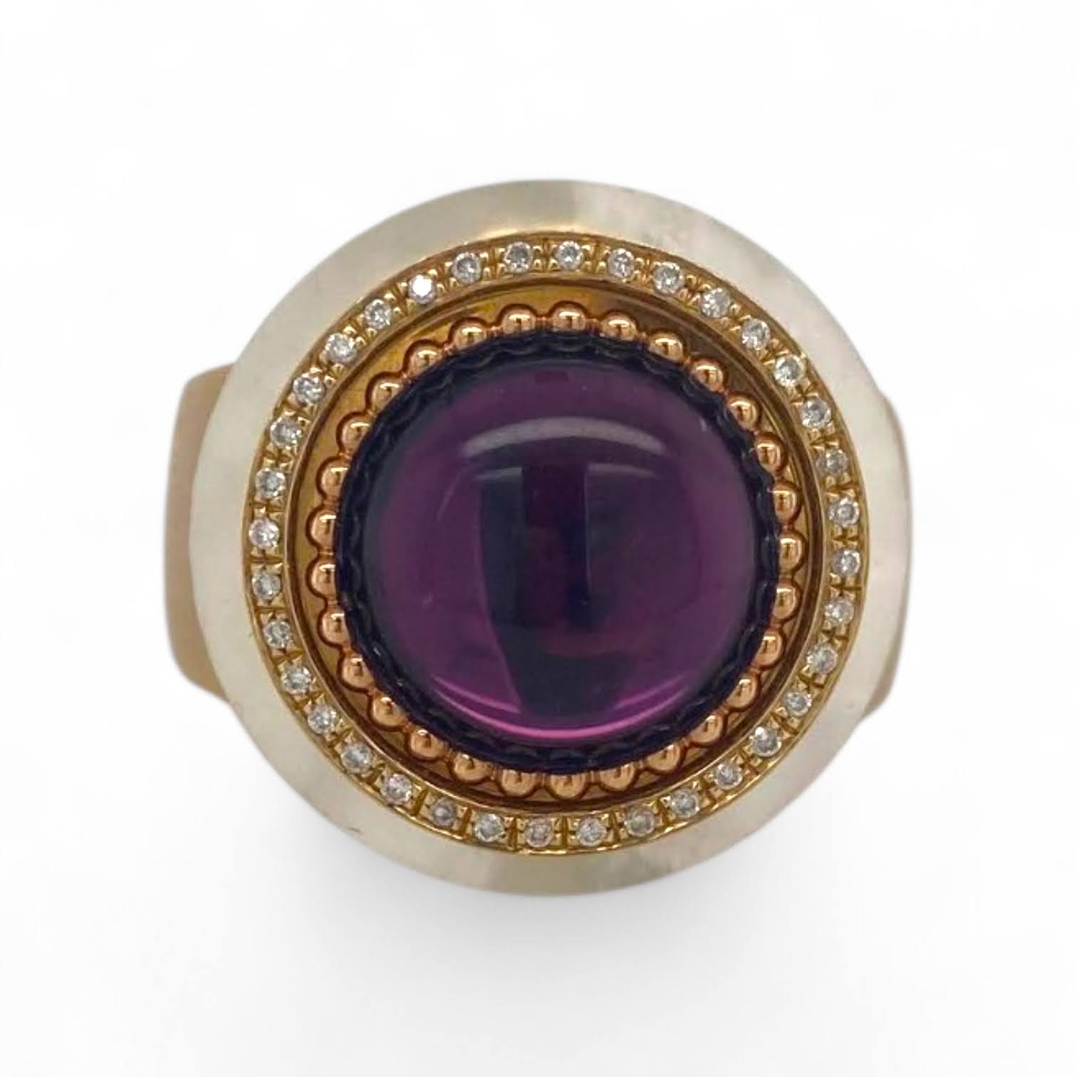 Geelgouden damesring met amethist, parelmoer en diamant van Charlotte Ehinger Schwarz