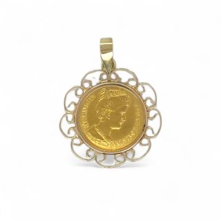 14 k gouden muntrand hanger met gouden vijfje - occasion #29381