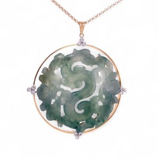 Jade draakhanger van jadeïet in 14 karaat geelgoud met diamant, vintage Chinees sieraad