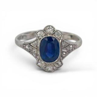 Platina ring met diamant en grote saffier - Vintage occasion #29482