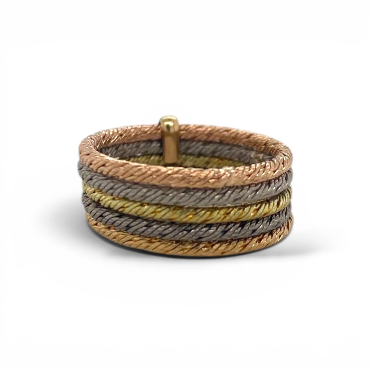 Meerkleurige gevlochten ring met vijf gedraaide strengen van goud en platina