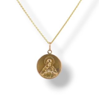 Gouden religieuze medaille met Maria en kindje Jezus en Jezus Christus met Heilig Hart