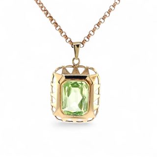 Vintage 14k gouden hanger met lichtgroene chrysoberil in geometrische ajour zetting
