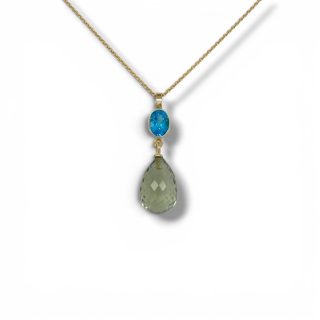 Lange gouden hanger met Swiss blue topaas en briolette muntkwarts - 14 karaat - handgemaakt in eigen atelier #29490