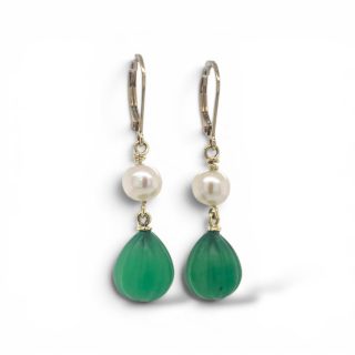 Gouden oorhangers met parel en groene agaat - 14k - occasion #29492