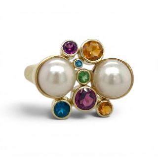 Vintage 14 karaat geelgouden ring met citrien, amethist, granaat, topaas, peridot en parels.