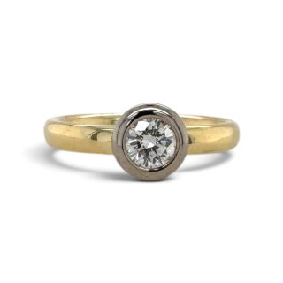 Bicolor ring met diamant in paddenstoelenzetting - 18 karaat wit- en geelgoud- #29593