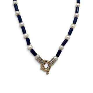 Parelcollier met lapis lazuli-kralen en bicolour gouden slot
