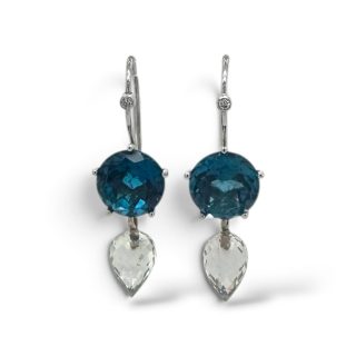 14 karaat witgouden oorhangers met London Blue Topaas, prasioliet en diamant