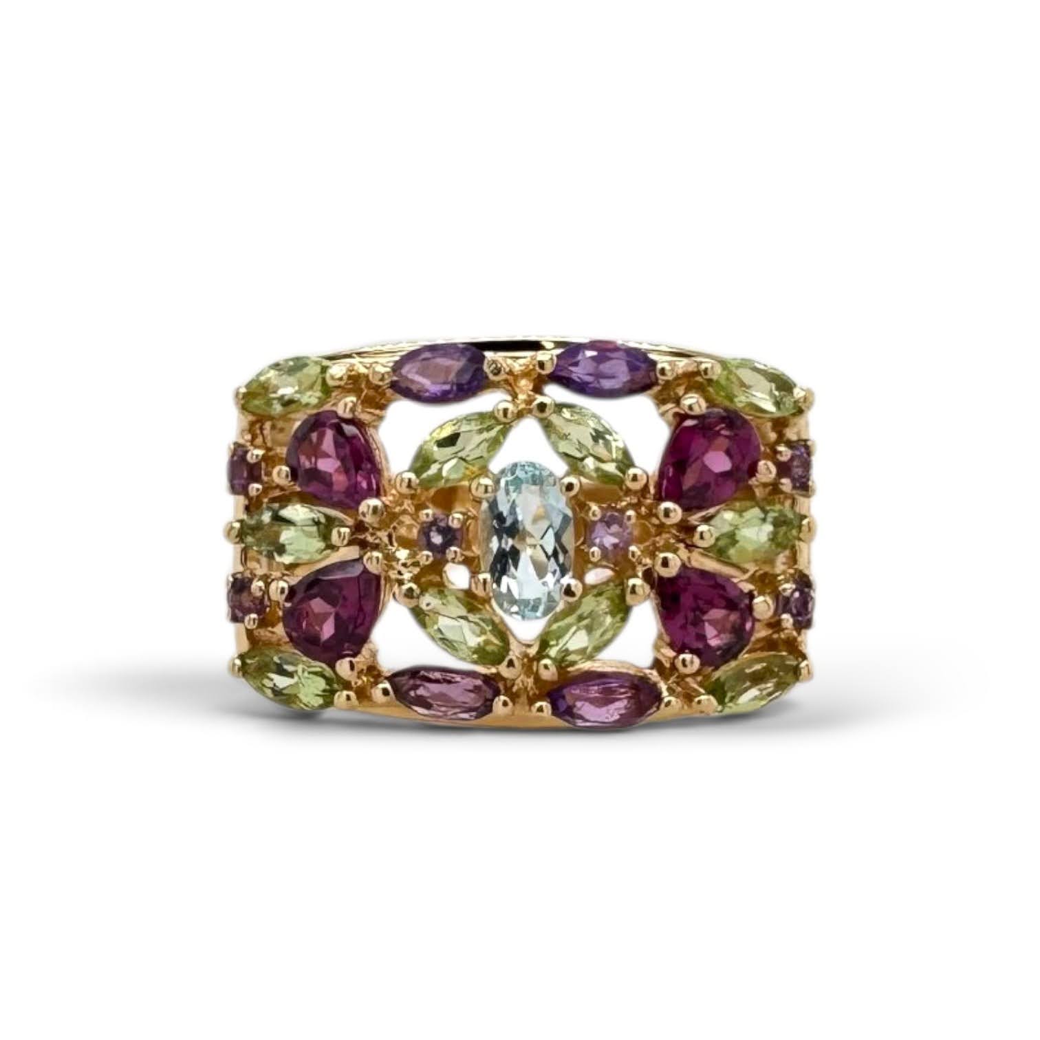 18 karaat gouden cocktailring met aquamarijn, amethist, peridot en almandien granaten