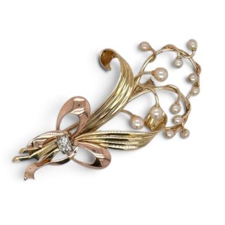 Bicolor broche - boeket met parel en diamant - 14 karaat geelgoud -  Vintage Occasion #29649